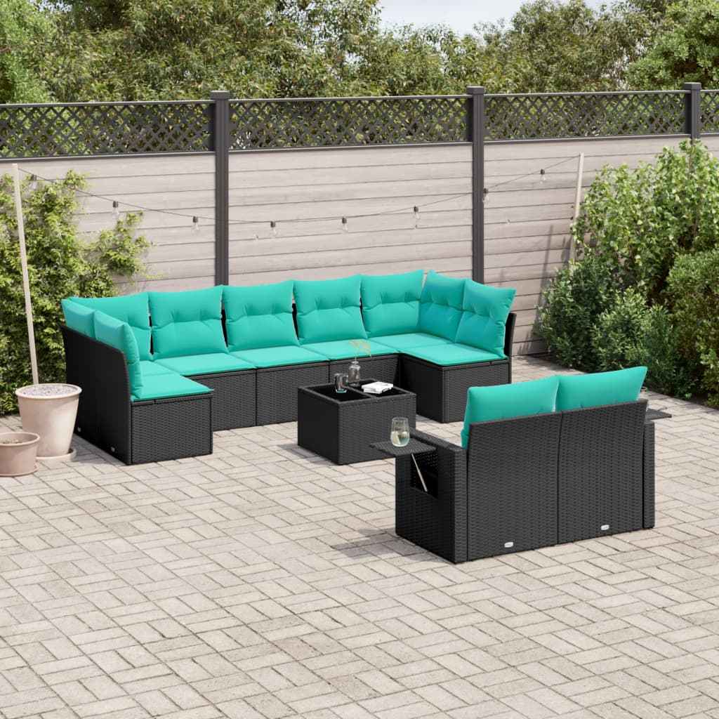 vidaXL 9-delige tuinbankset met kussens van zwart polyrotan