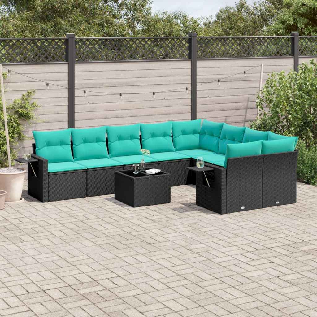 vidaXL 9-delige tuinbankset met kussens van zwart polyrotan