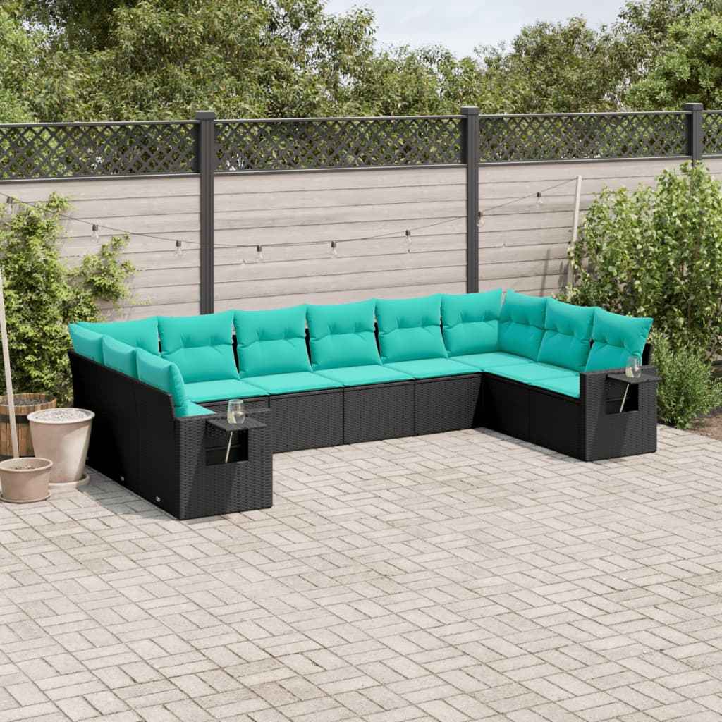 vidaXL 10-delige tuinbankset met kussens van zwart polyrotan