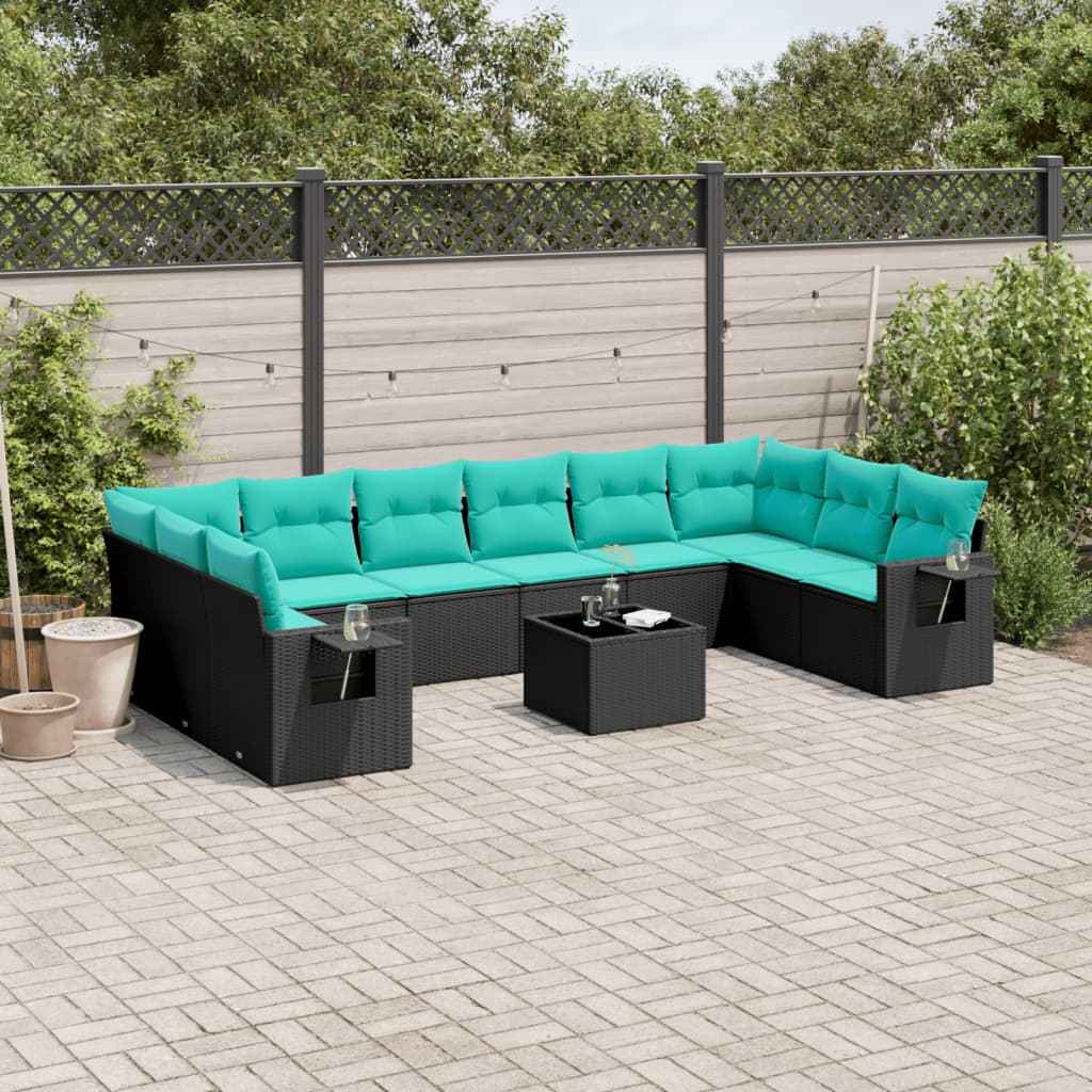 vidaXL 10-delige tuinbankset met kussens van zwart polyrotan
