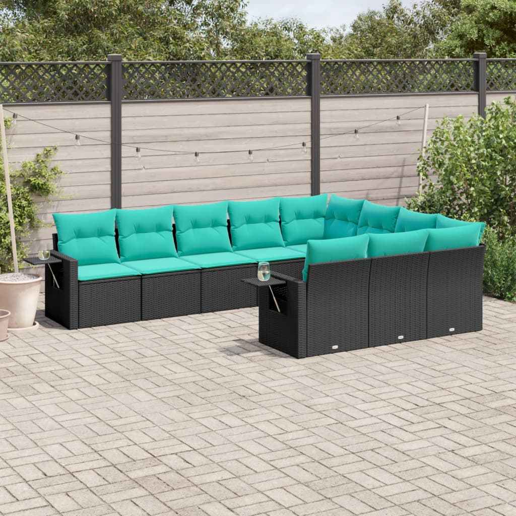 vidaXL 10-delige tuinbankset met kussens van zwart polyrotan