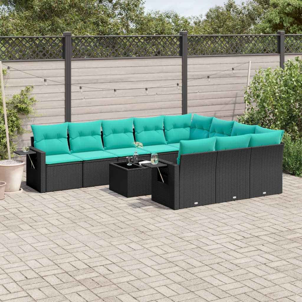 vidaXL 10-delige tuinbankset met kussens van zwart polyrotan