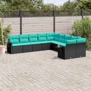 vidaXL 10-delige tuinbankset met kussens van zwart polyrotan