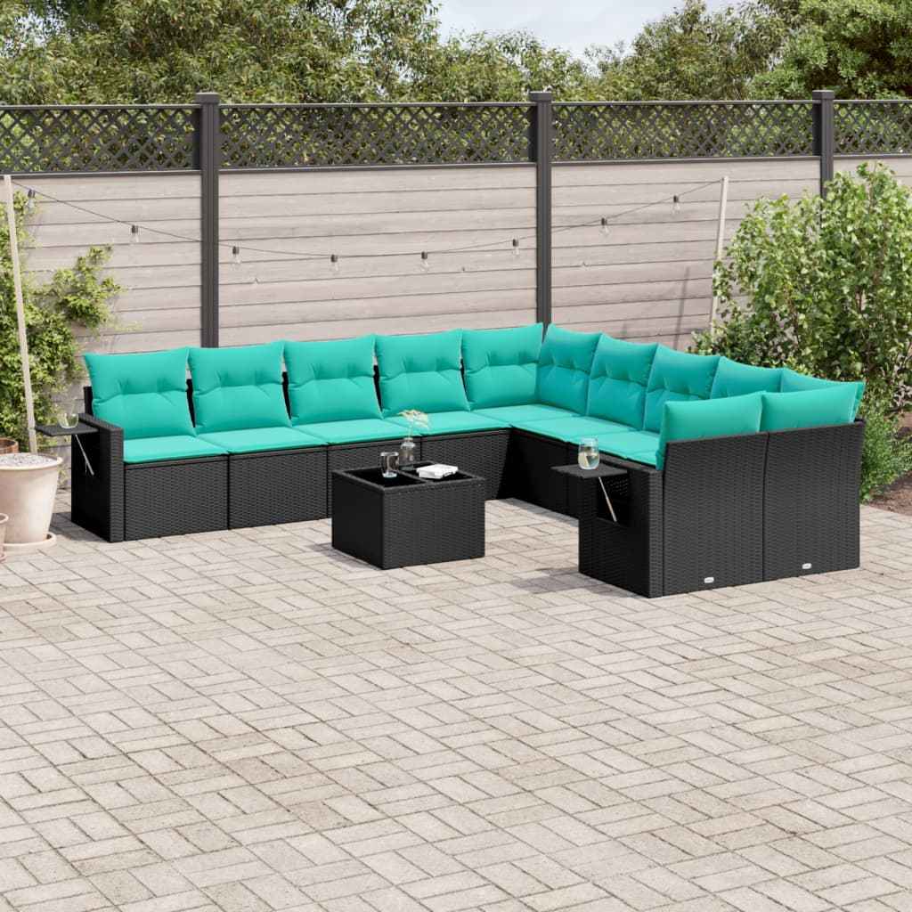 vidaXL 10-delige tuinbankset met kussens van zwart polyrotan