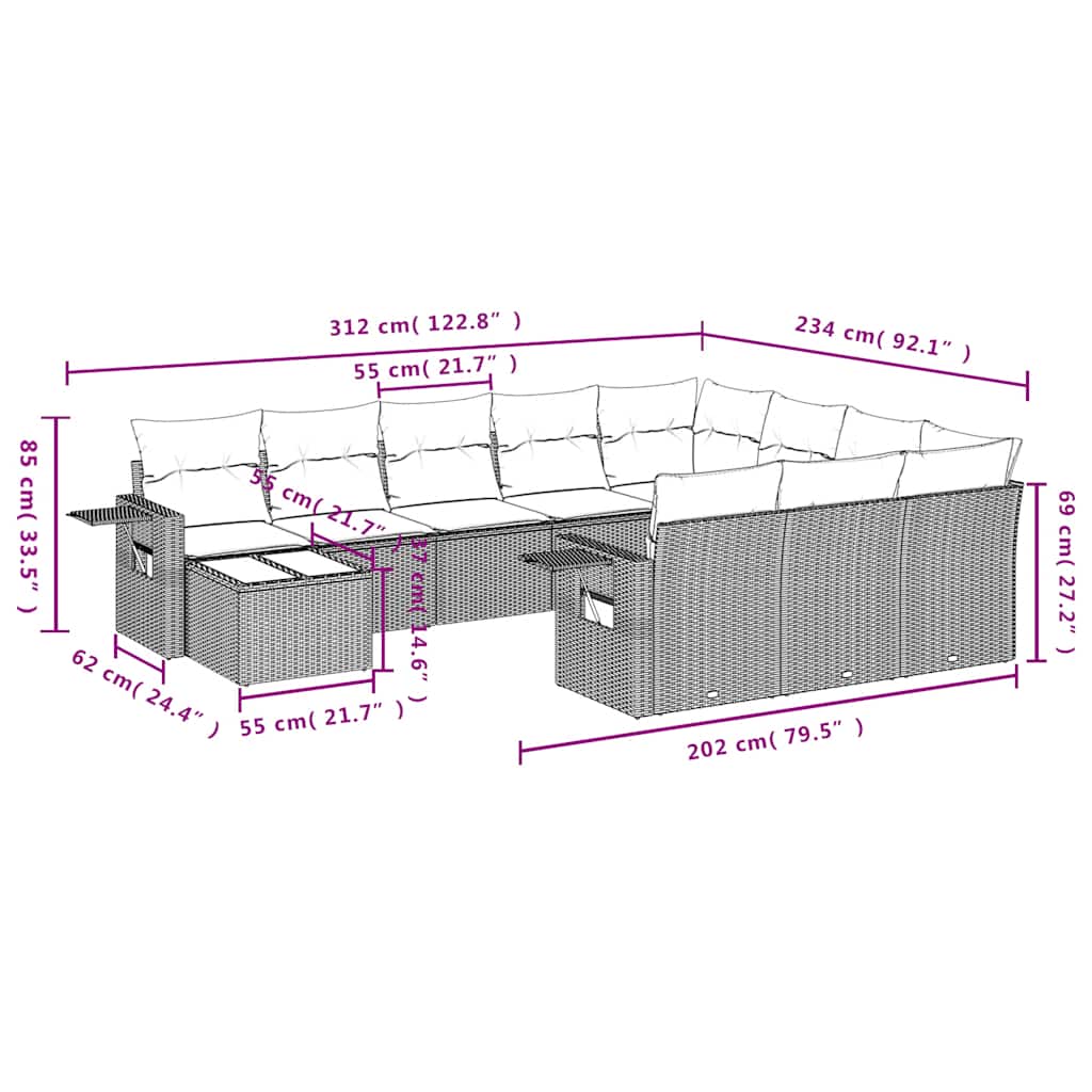 vidaXL 11-delige tuinbankset met kussens, zwart polyrotan