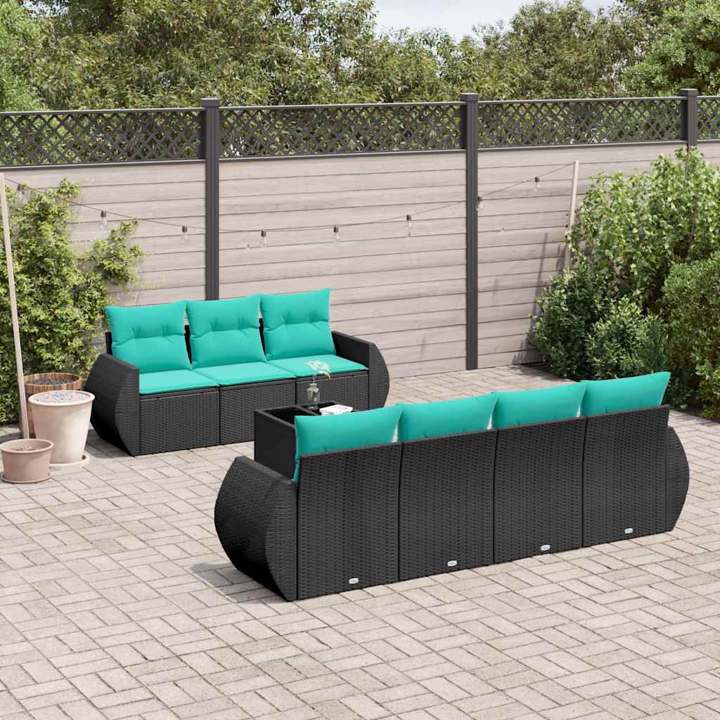 vidaXL 8-delige tuinbankset met kussens, zwart polyrotan