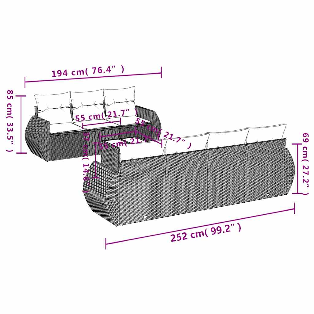 vidaXL 8-delige tuinbankset met kussens, zwart polyrotan