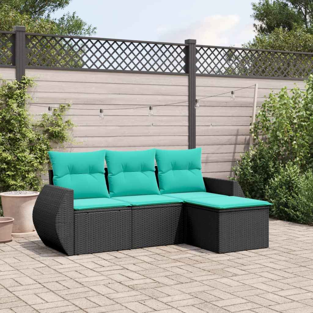 vidaXL 4-delige tuinbankset met kussens, zwart polyrotan