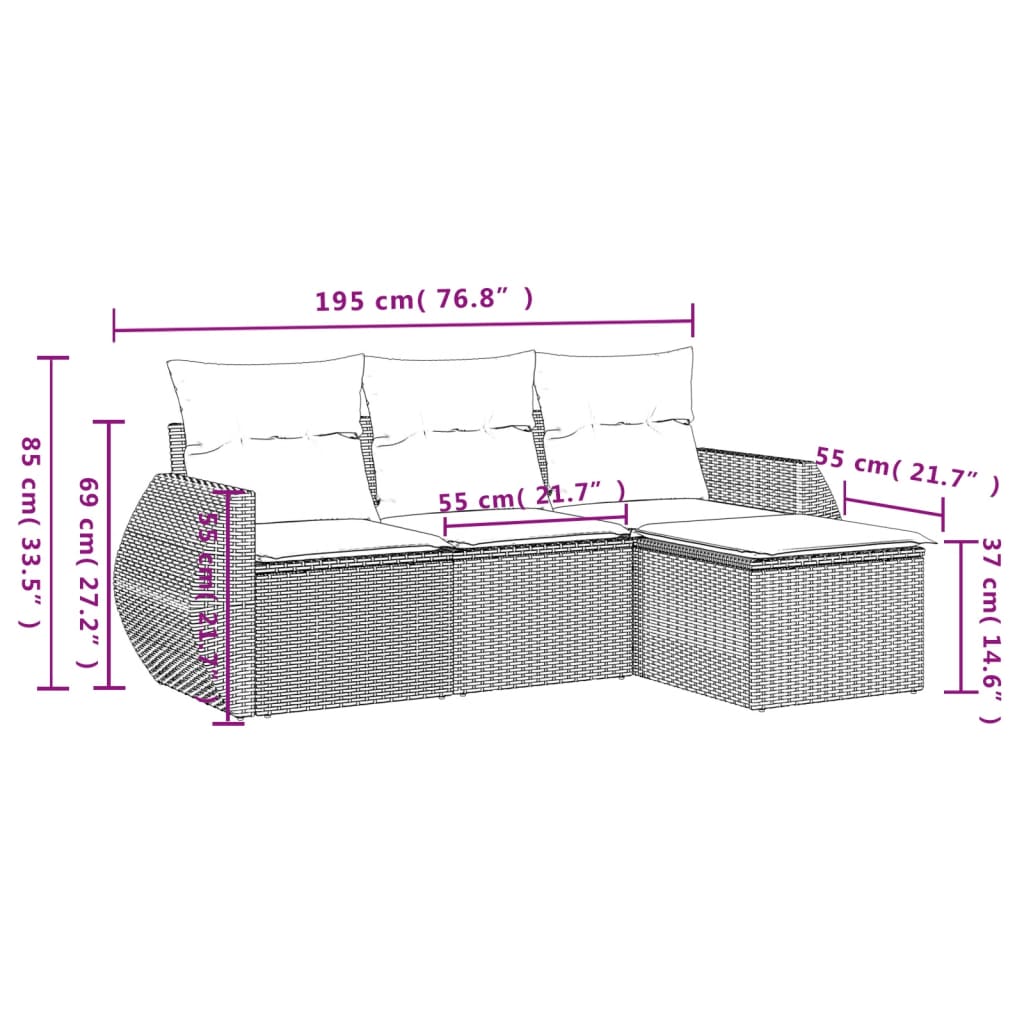vidaXL 4-delige tuinbankset met kussens, zwart polyrotan