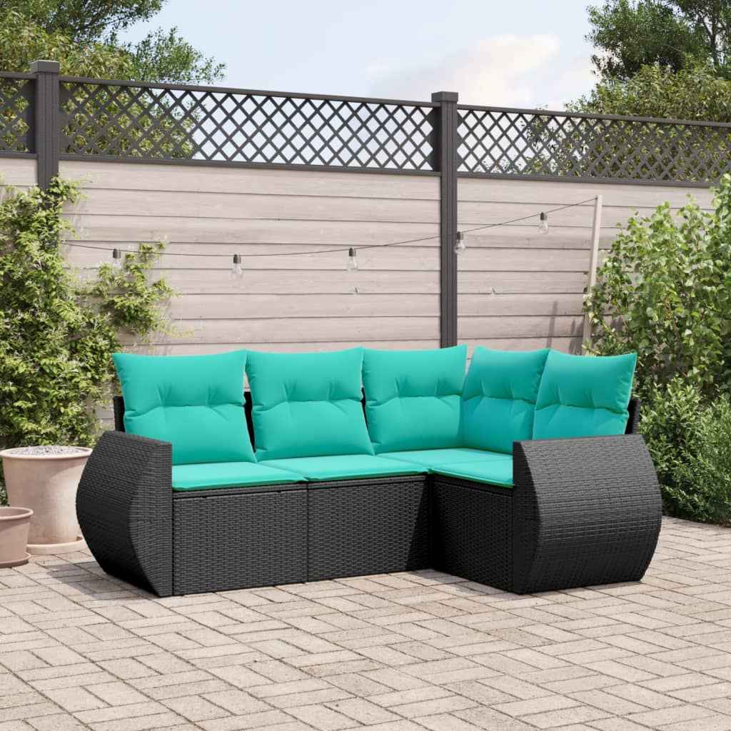 vidaXL 4-delige tuinbankset met kussens, zwart polyrotan