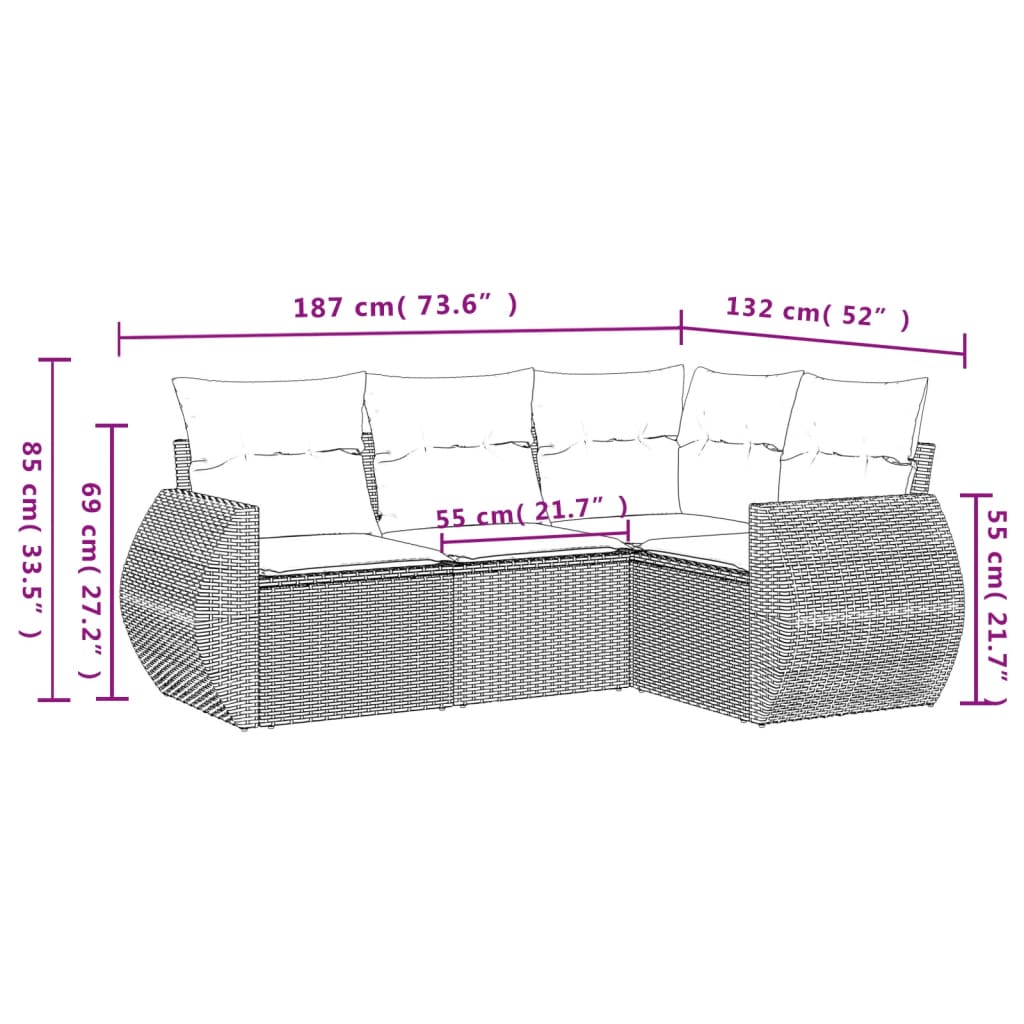 vidaXL 4-delige tuinbankset met kussens, zwart polyrotan