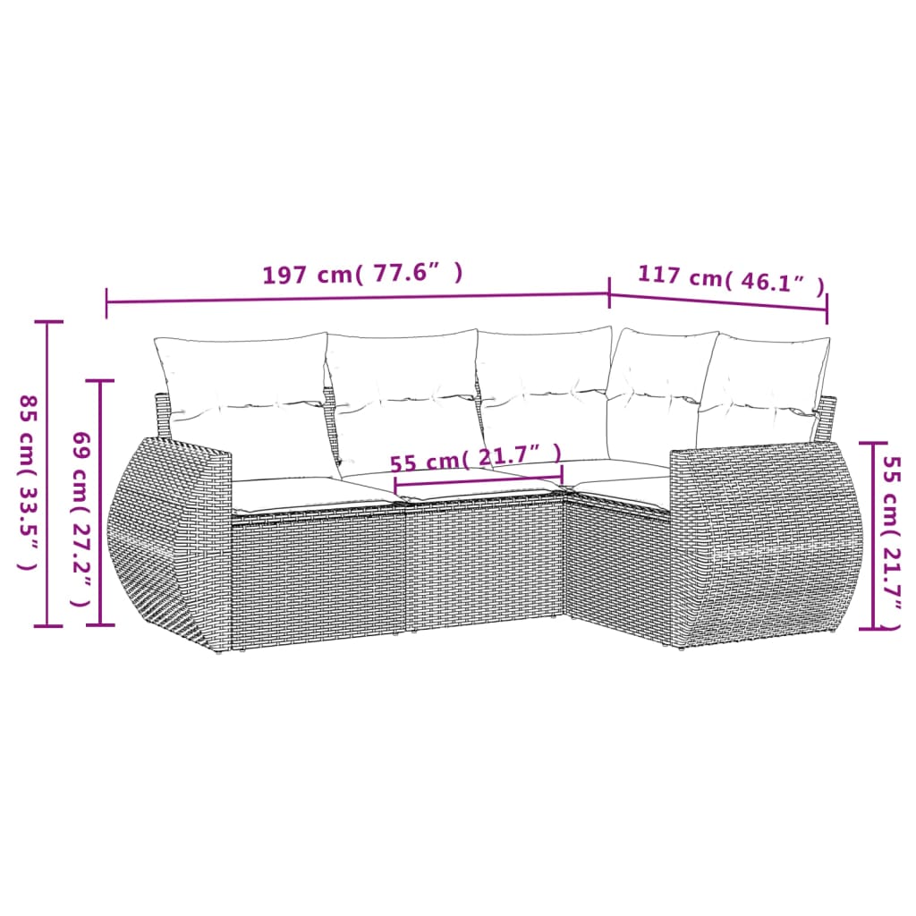 vidaXL 4-delige tuinbankset met kussens, zwart polyrotan