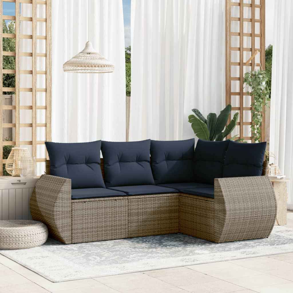 vidaXL 4-delige tuinbankset met kussens, zwart polyrotan
