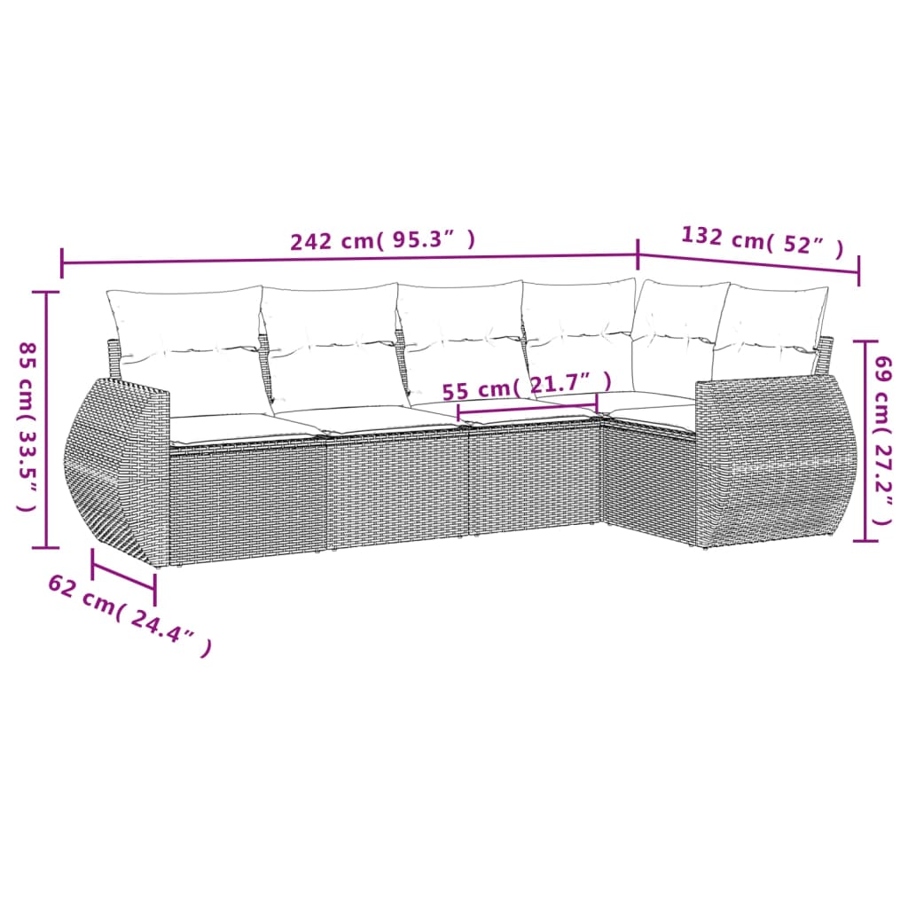 vidaXL 5-delige tuinbankset met kussens van zwart polyrotan
