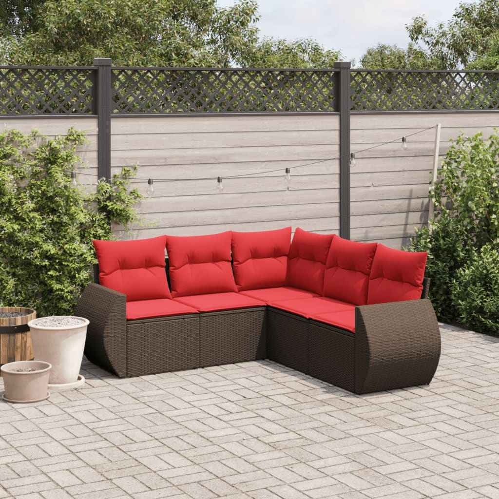 vidaXL 5-delige tuinbankset met kussens van zwart polyrotan