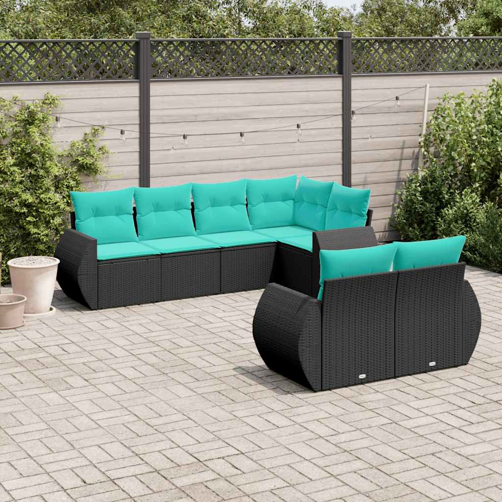 vidaXL 7-delige tuinbankset met kussens van zwart polyrotan