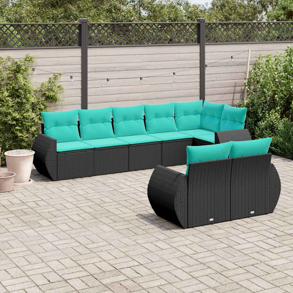 vidaXL 8-delige tuinbankset met kussens, zwart polyrotan