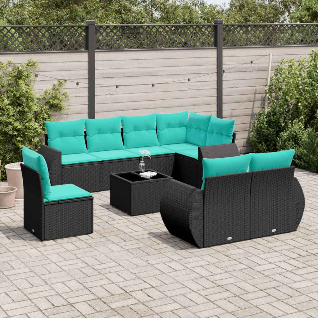 vidaXL 8-delige tuinbankset met kussens, zwart polyrotan