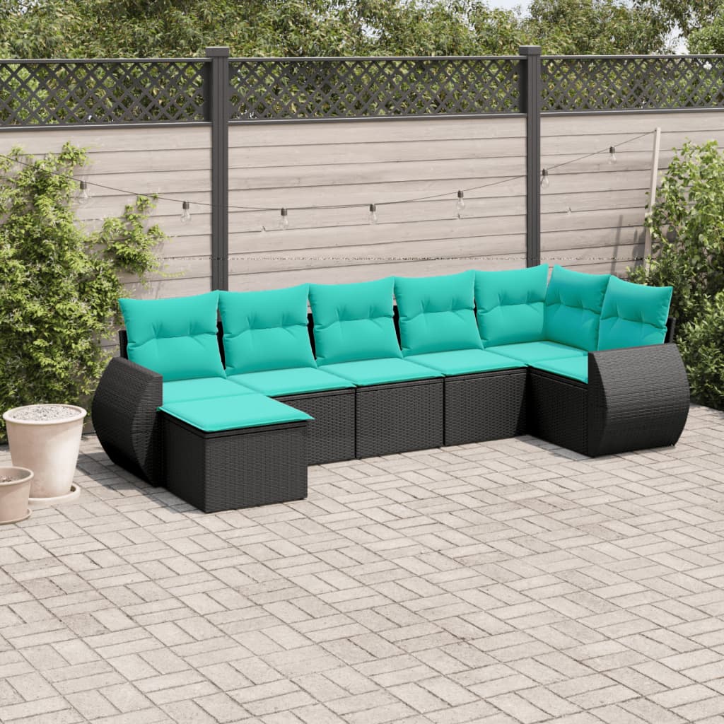 vidaXL 7-delige tuinbankset met kussens van zwart polyrotan