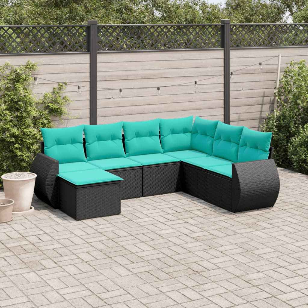 vidaXL 7-delige tuinbankset met kussens van zwart polyrotan