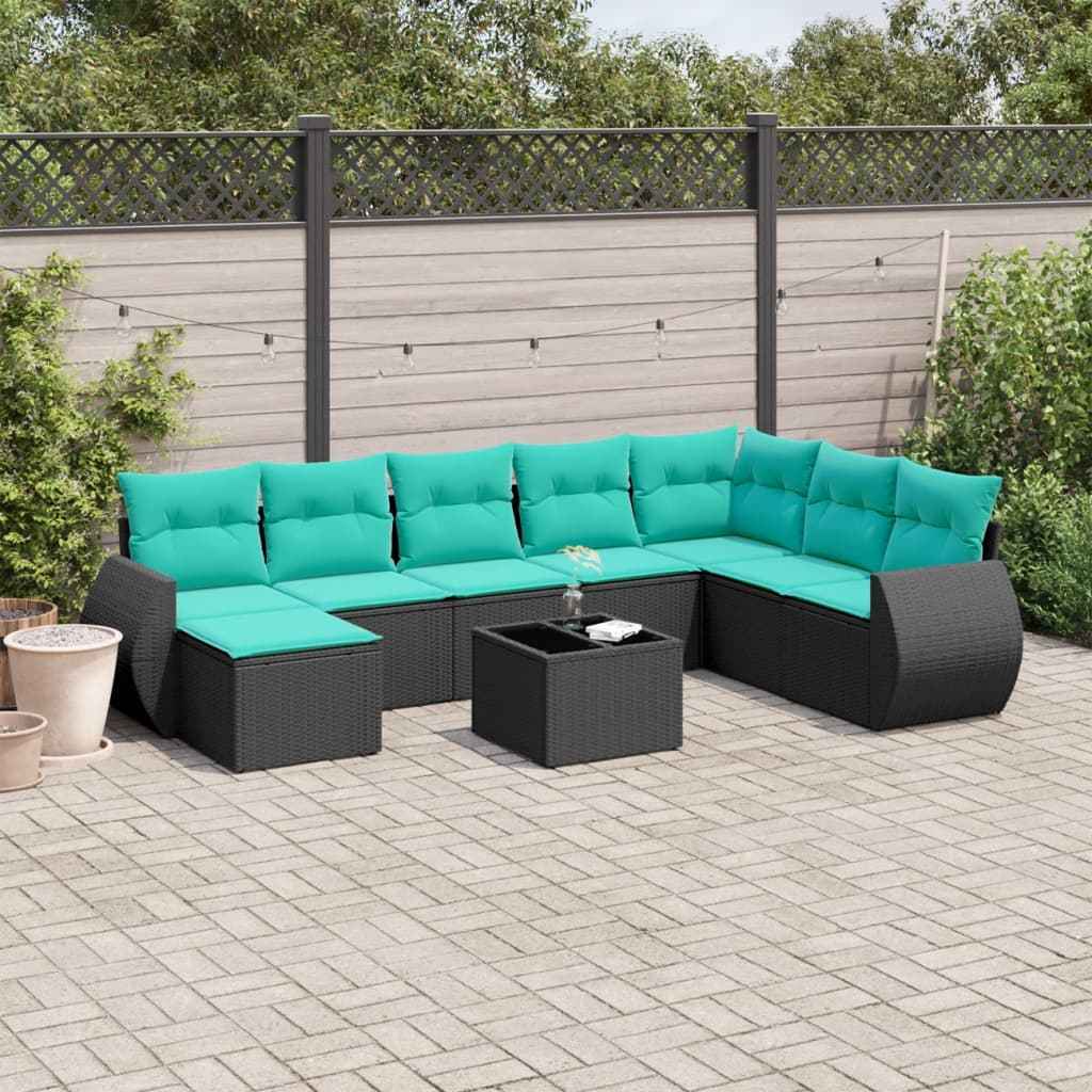vidaXL 8-delige tuinbankset met kussens, zwart polyrotan