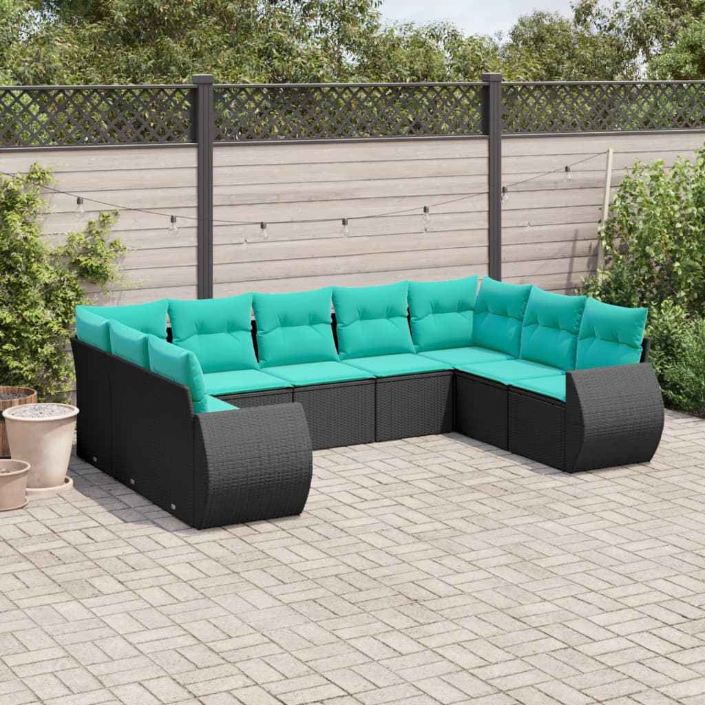 vidaXL 9-delige tuinbankset met kussens van zwart polyrotan