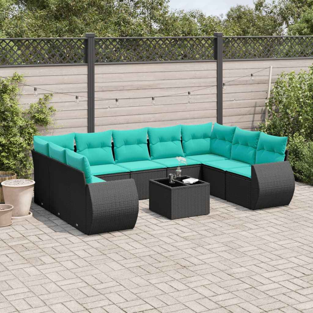 vidaXL 9-delige tuinbankset met kussens van zwart polyrotan
