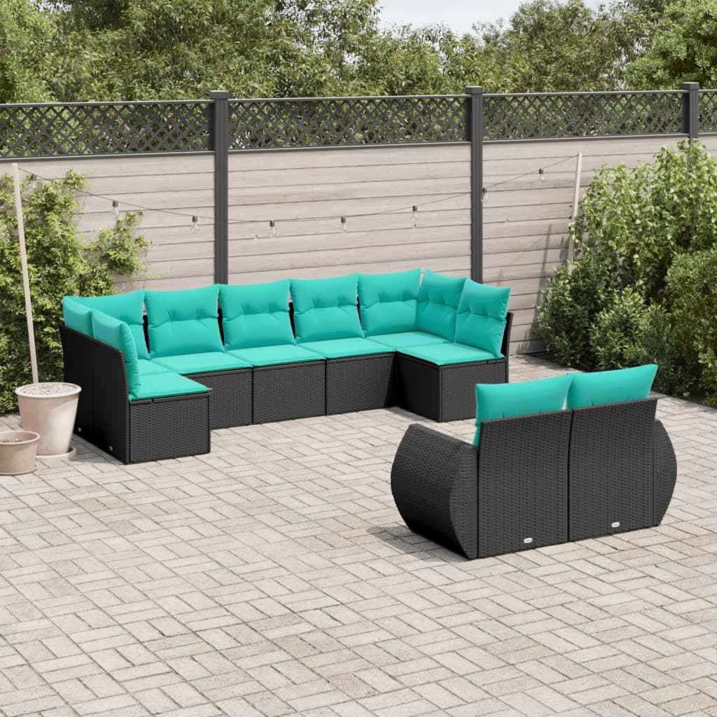 vidaXL 9-delige tuinbankset met kussens van zwart polyrotan