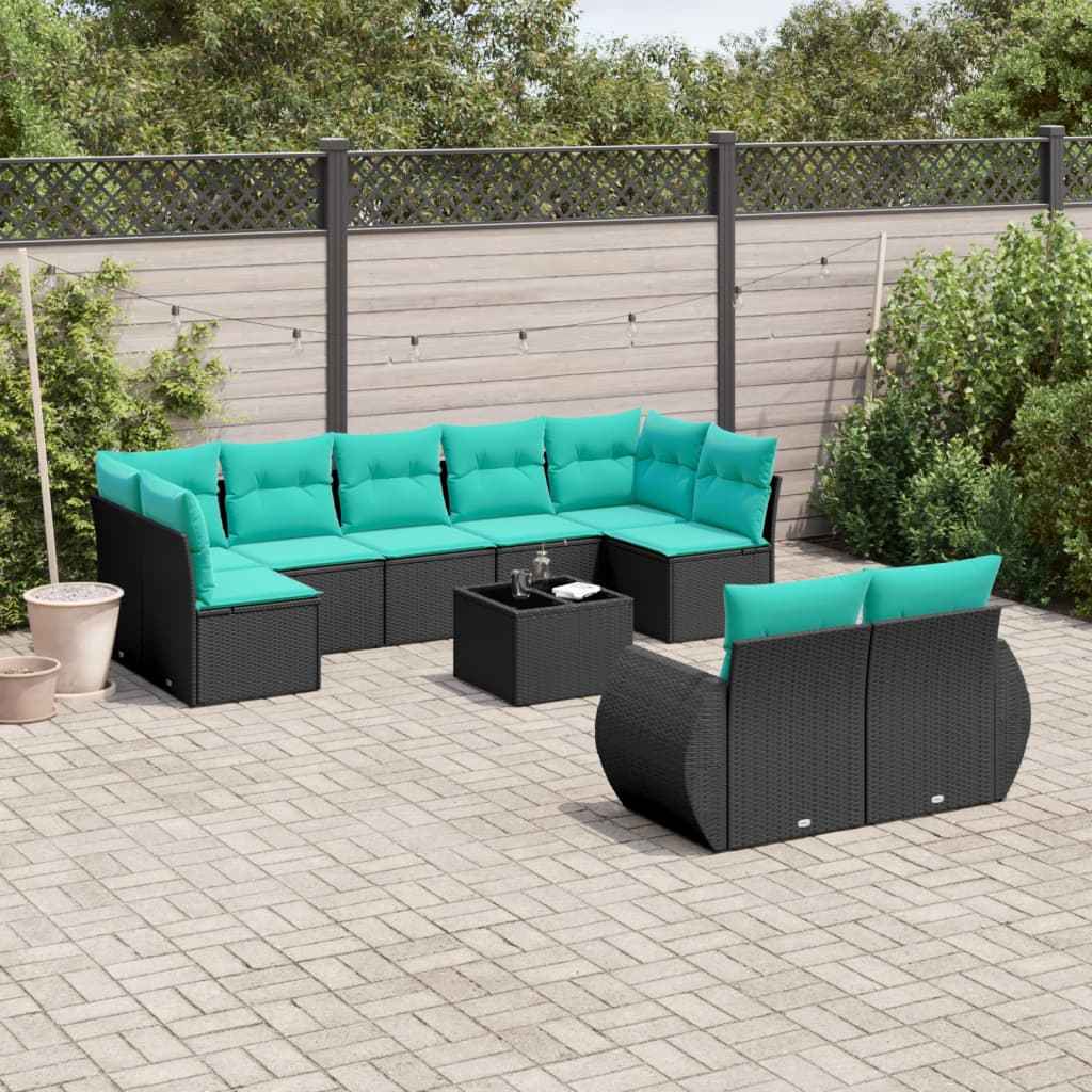 vidaXL 9-delige tuinbankset met kussens van zwart polyrotan