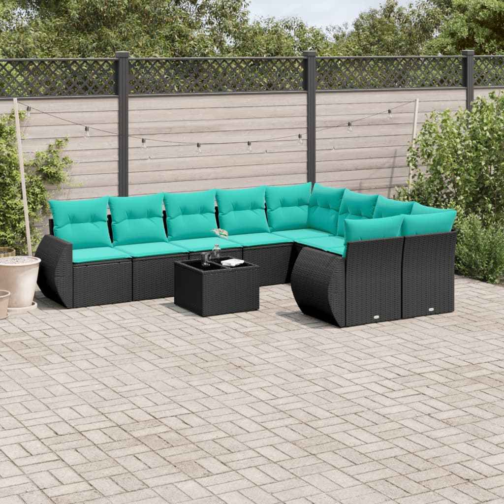 vidaXL 9-delige tuinbankset met kussens van zwart polyrotan