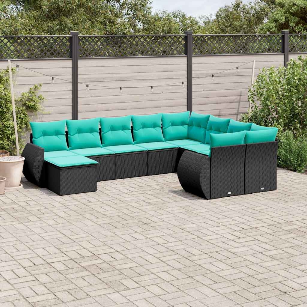 vidaXL 10-delige tuinbankset met kussens van zwart polyrotan