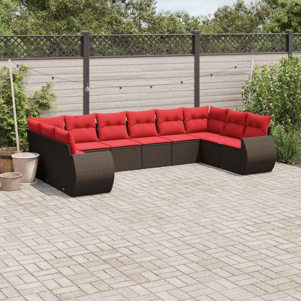 vidaXL 10-delige tuinbankset met kussens van zwart polyrotan