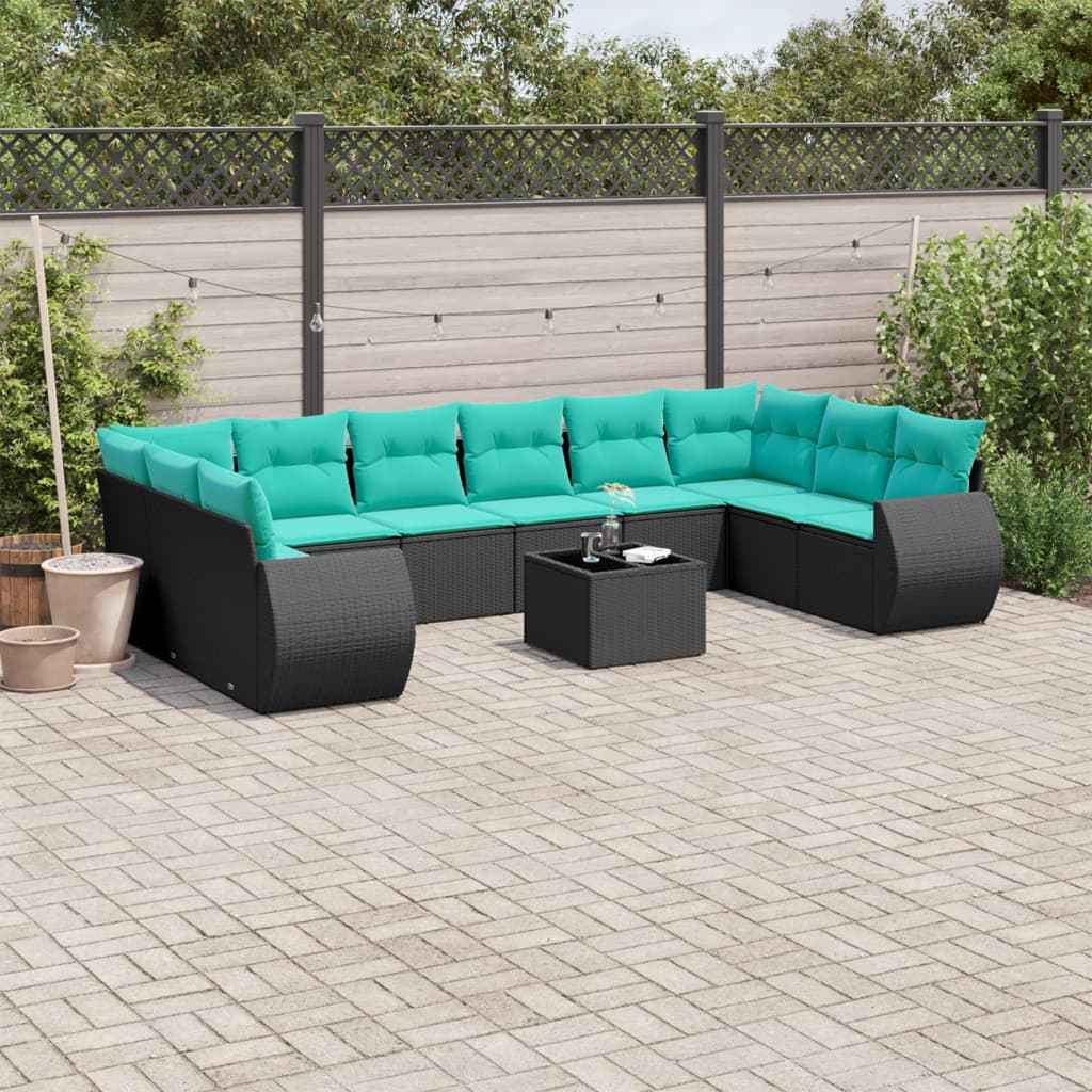 vidaXL 10-delige tuinbankset met kussens van zwart polyrotan