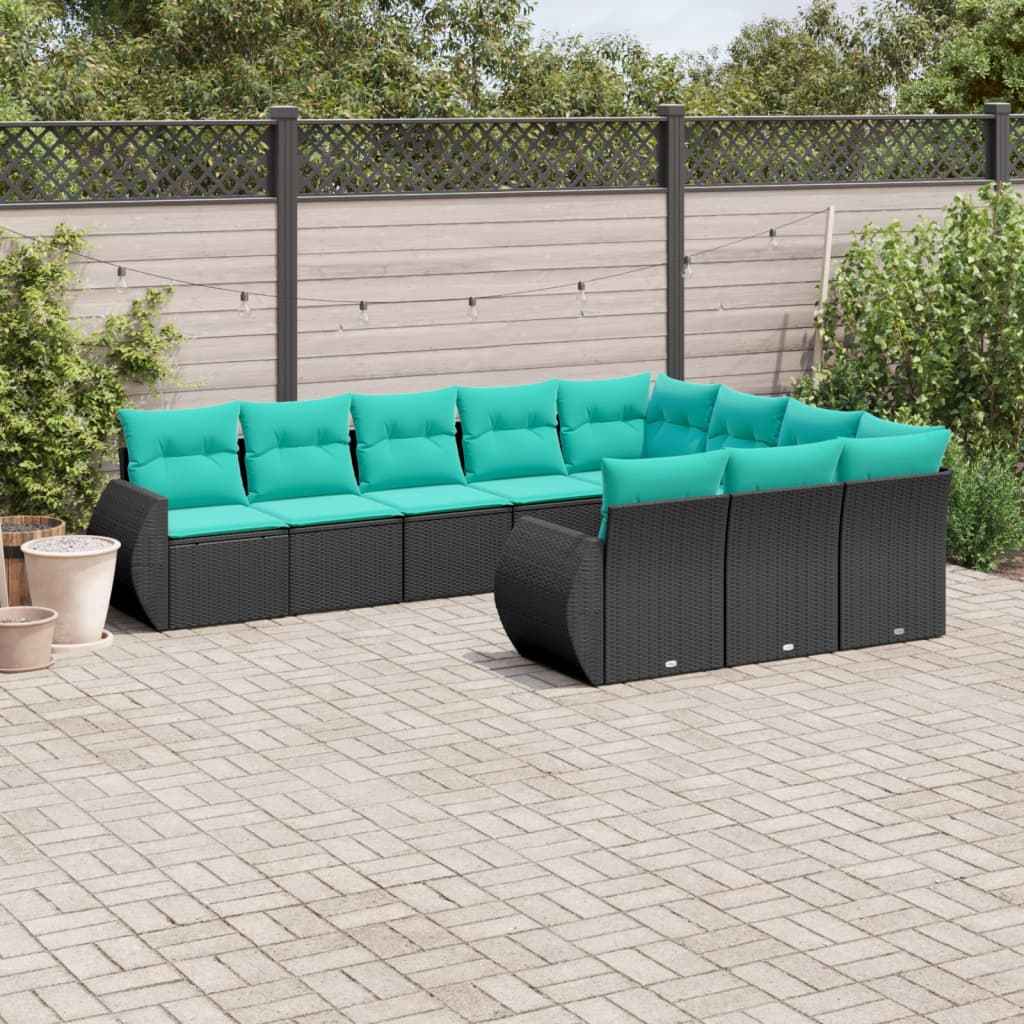vidaXL 10-delige tuinbankset met kussens van zwart polyrotan