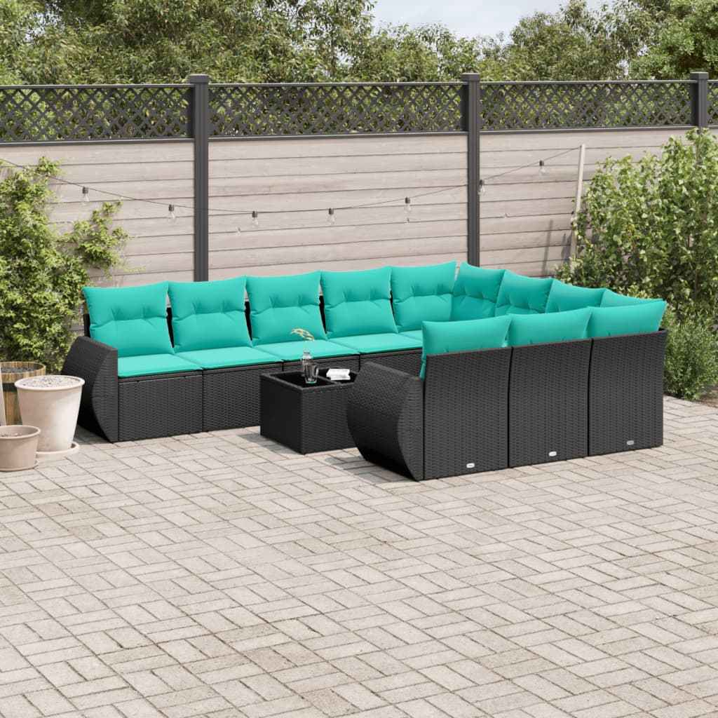 vidaXL 10-delige tuinbankset met kussens van zwart polyrotan