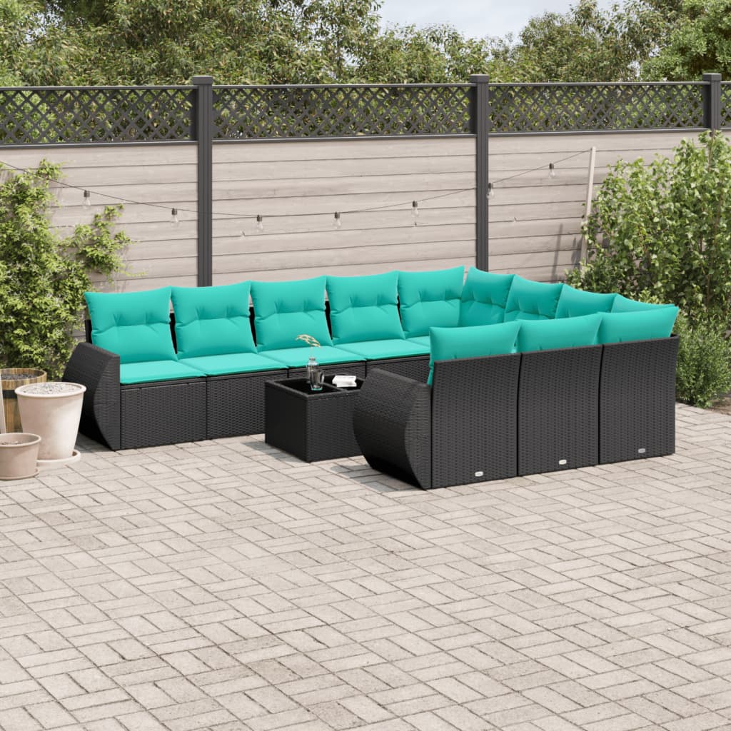 vidaXL 10-delige tuinbankset met kussens van zwart polyrotan