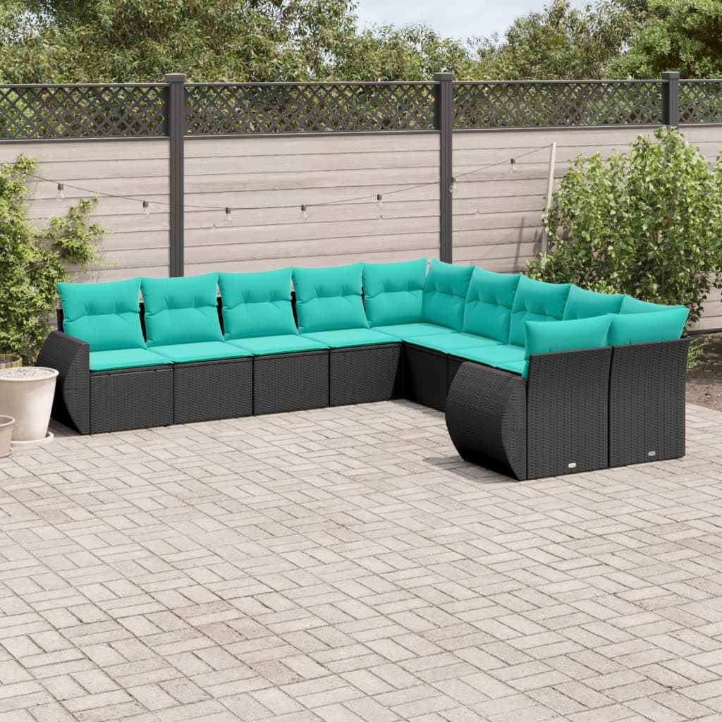 vidaXL 10-delige tuinbankset met kussens van zwart polyrotan