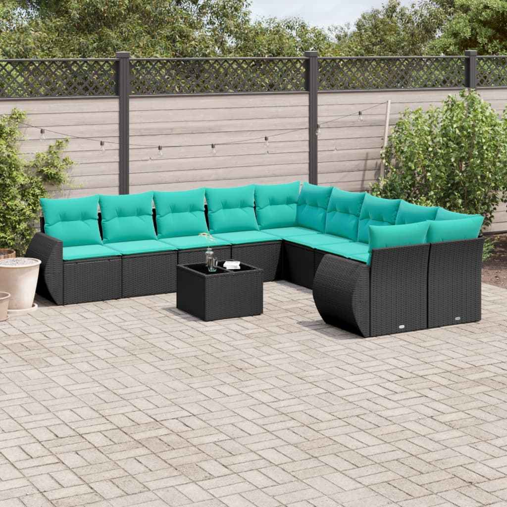 vidaXL 10-delige tuinbankset met kussens van zwart polyrotan
