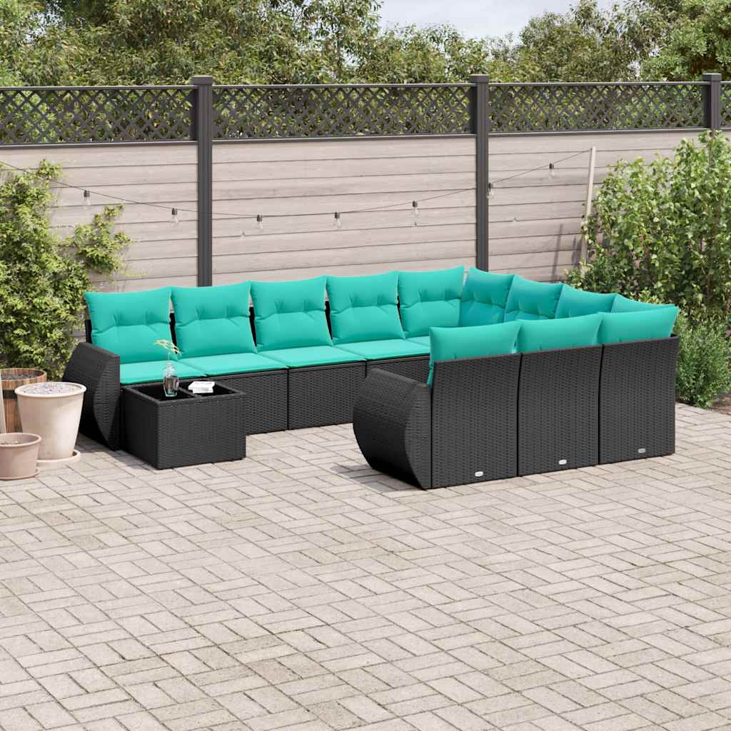 vidaXL 11-delige tuinbankset met kussens, zwart polyrotan