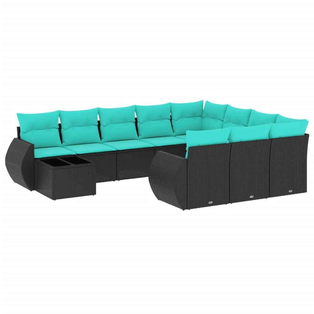 vidaXL 11-delige tuinbankset met kussens, zwart polyrotan