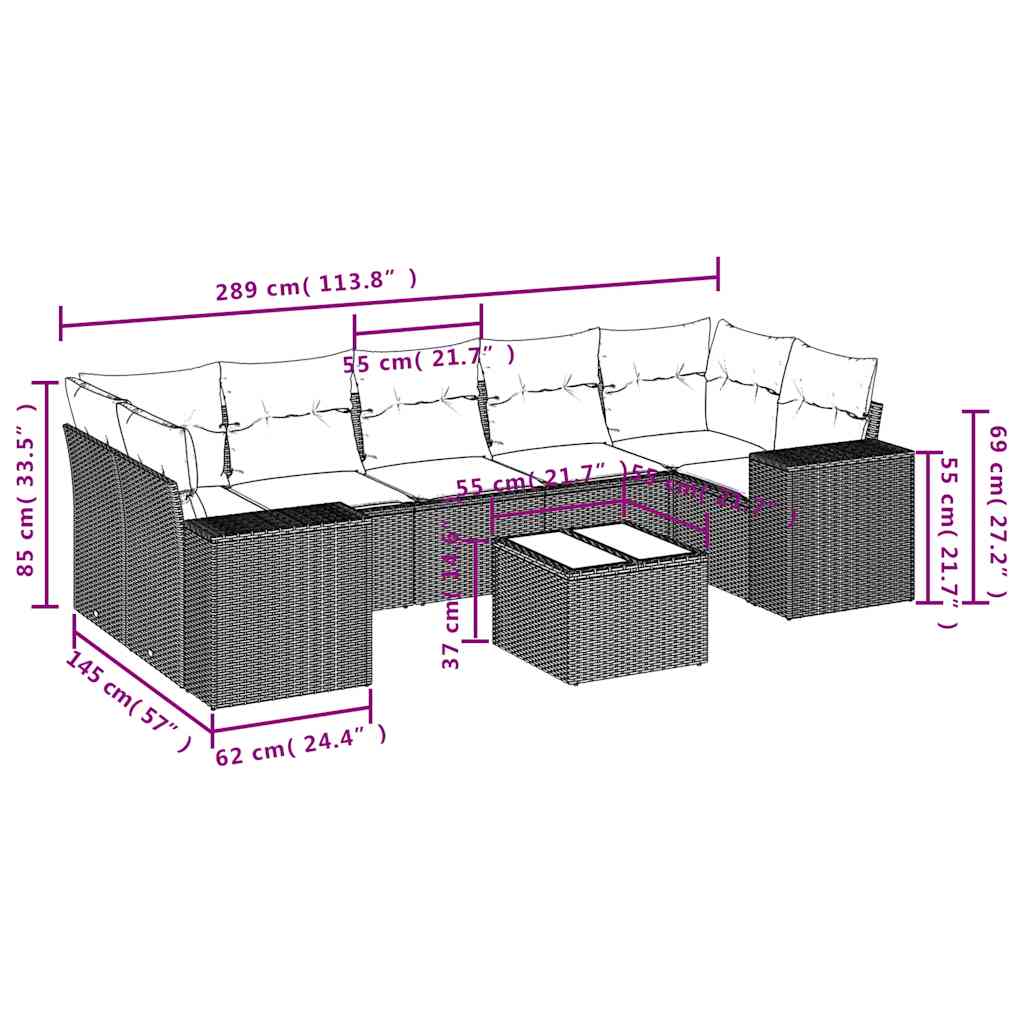 vidaXL 8-delige tuinbankset met kussens, zwart polyrotan