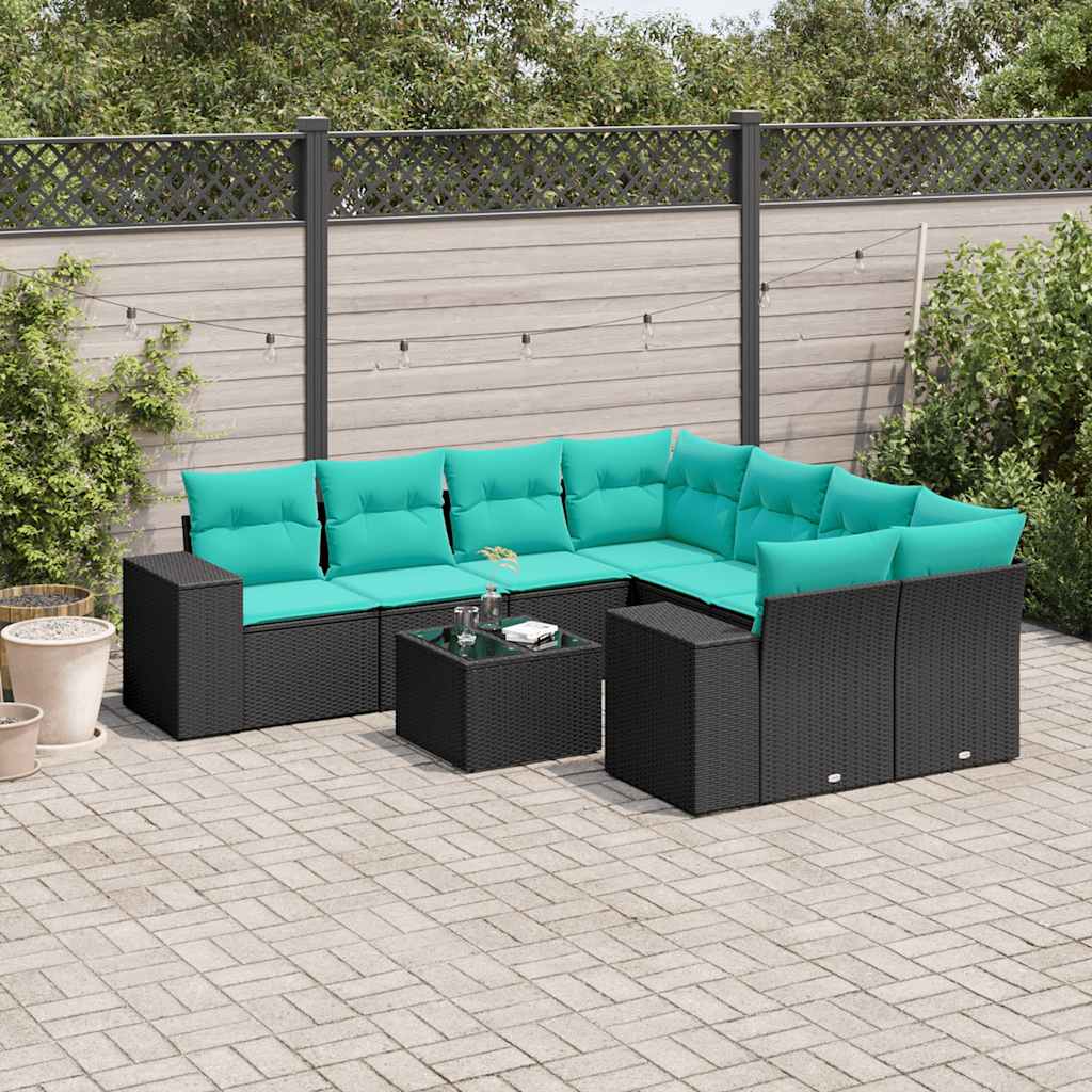 vidaXL 9-delige tuinbankset met kussens van zwart polyrotan