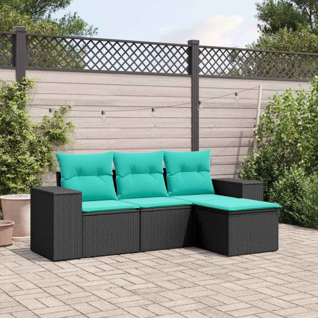 vidaXL 4-delige tuinbankset met kussens, zwart polyrotan