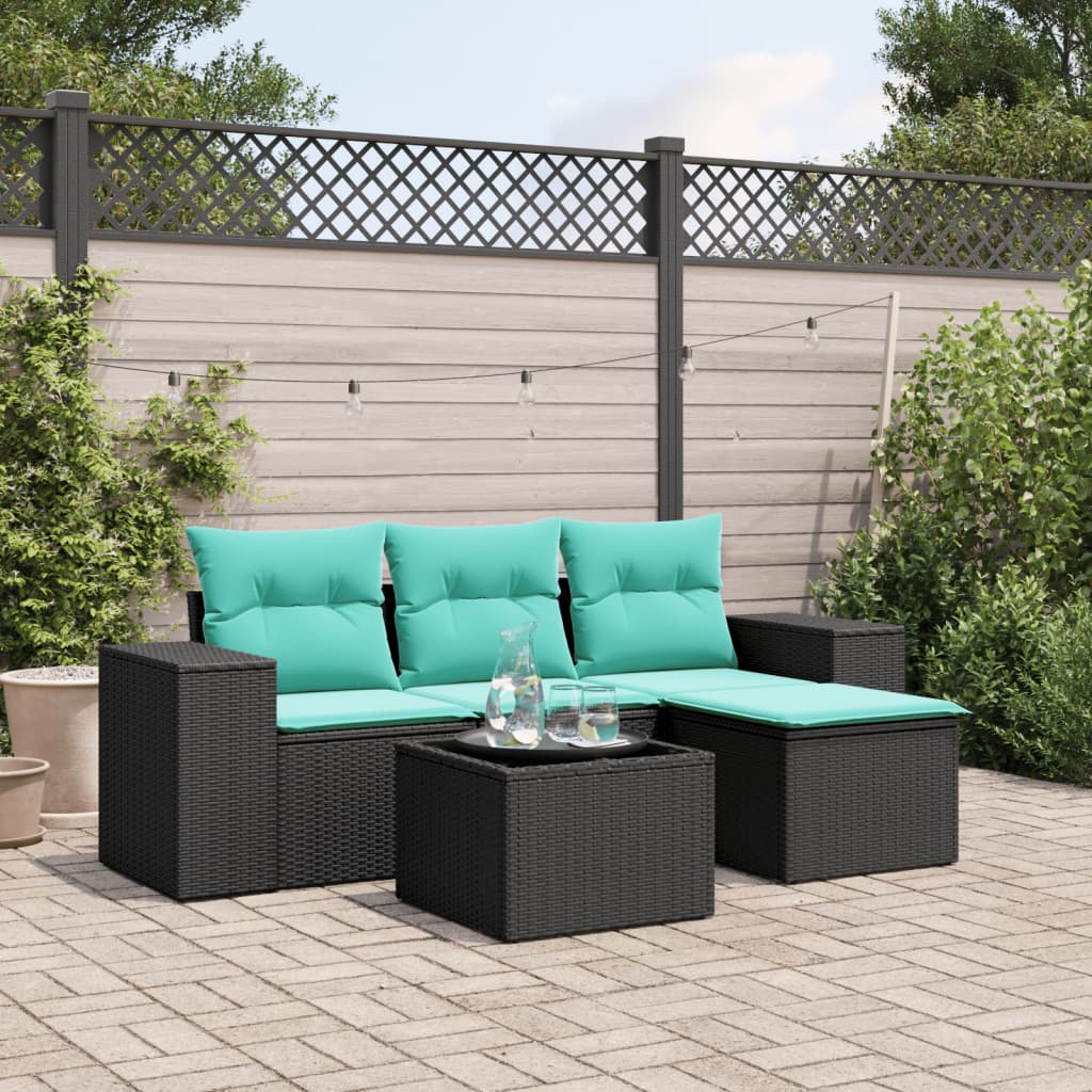 vidaXL 4-delige tuinbankset met kussens, zwart polyrotan