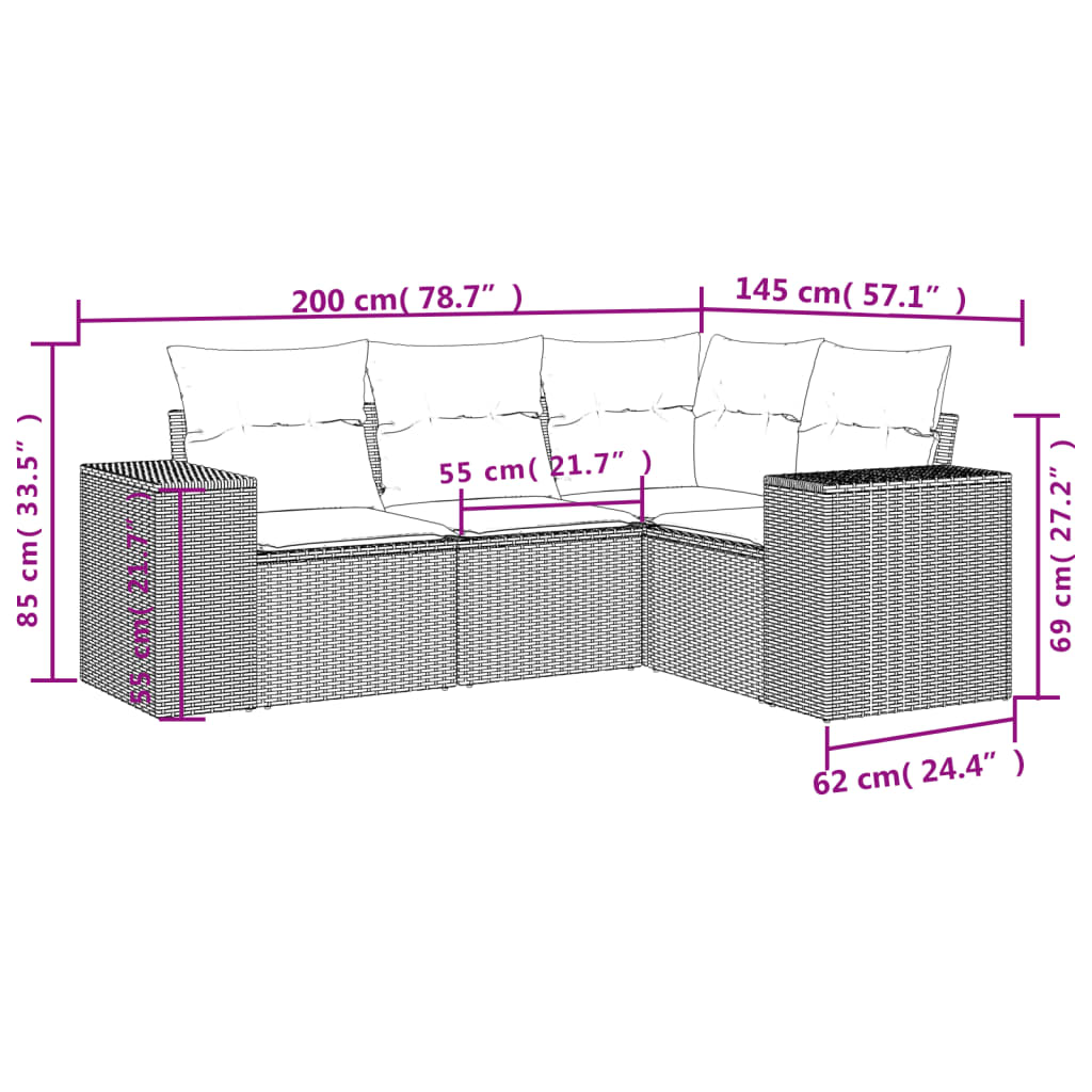 vidaXL 4-delige tuinbankset met kussens, zwart polyrotan