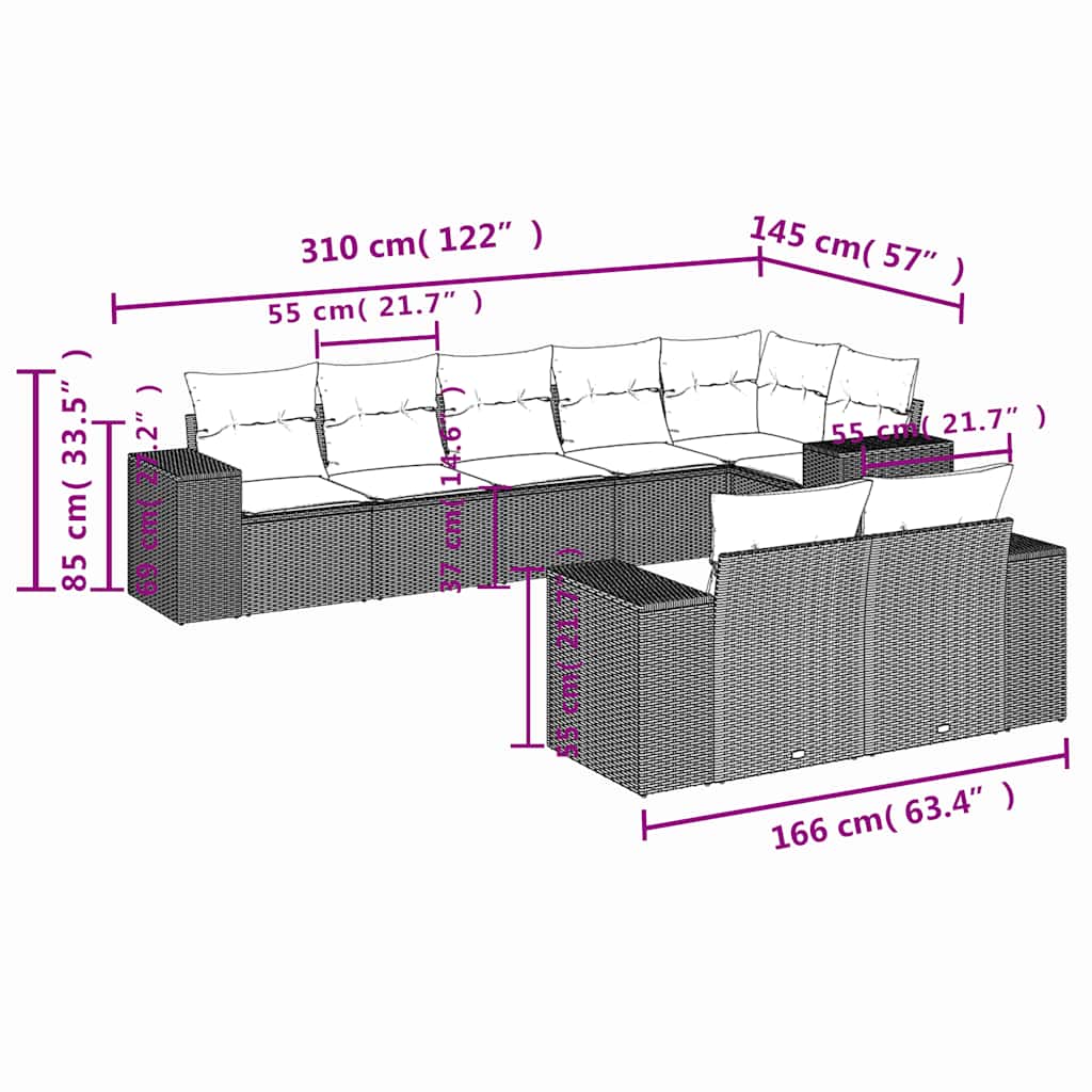 vidaXL 8-delige tuinbankset met kussens, zwart polyrotan