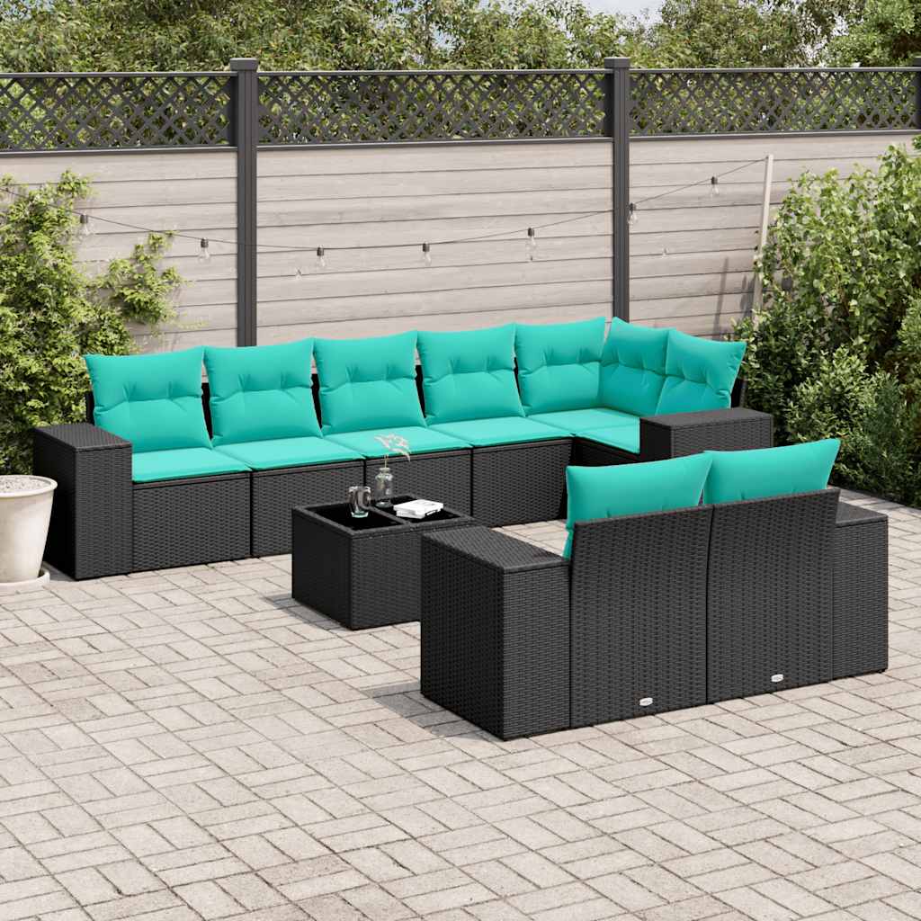 vidaXL 8-delige tuinbankset met kussens, zwart polyrotan