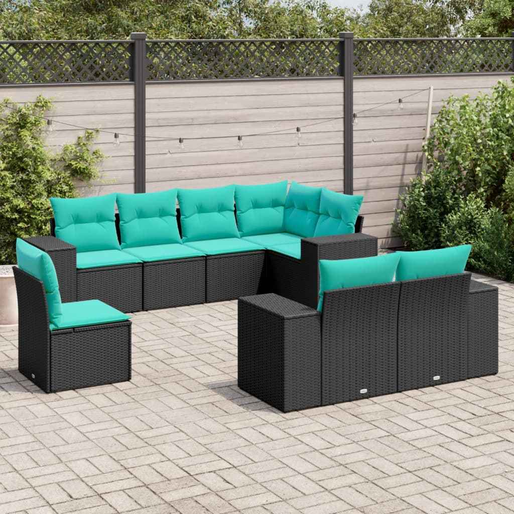 vidaXL 8-delige tuinbankset met kussens, zwart polyrotan