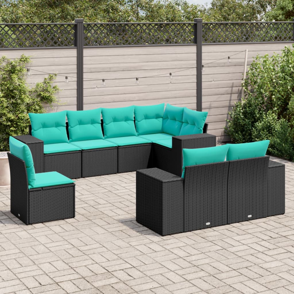 vidaXL 8-delige tuinbankset met kussens, zwart polyrotan