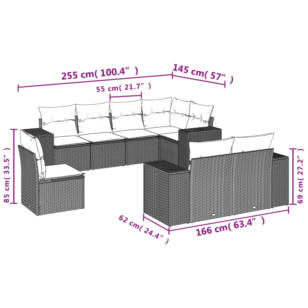 vidaXL 8-delige tuinbankset met kussens, zwart polyrotan